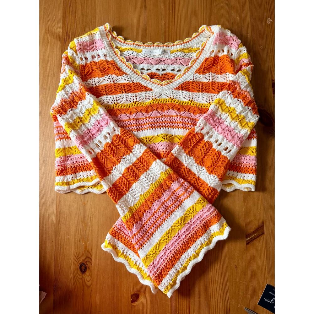 Altar’d State Kaycee Sweater Crochet Bell Sleeve Boho Crop Top Festival Knit S